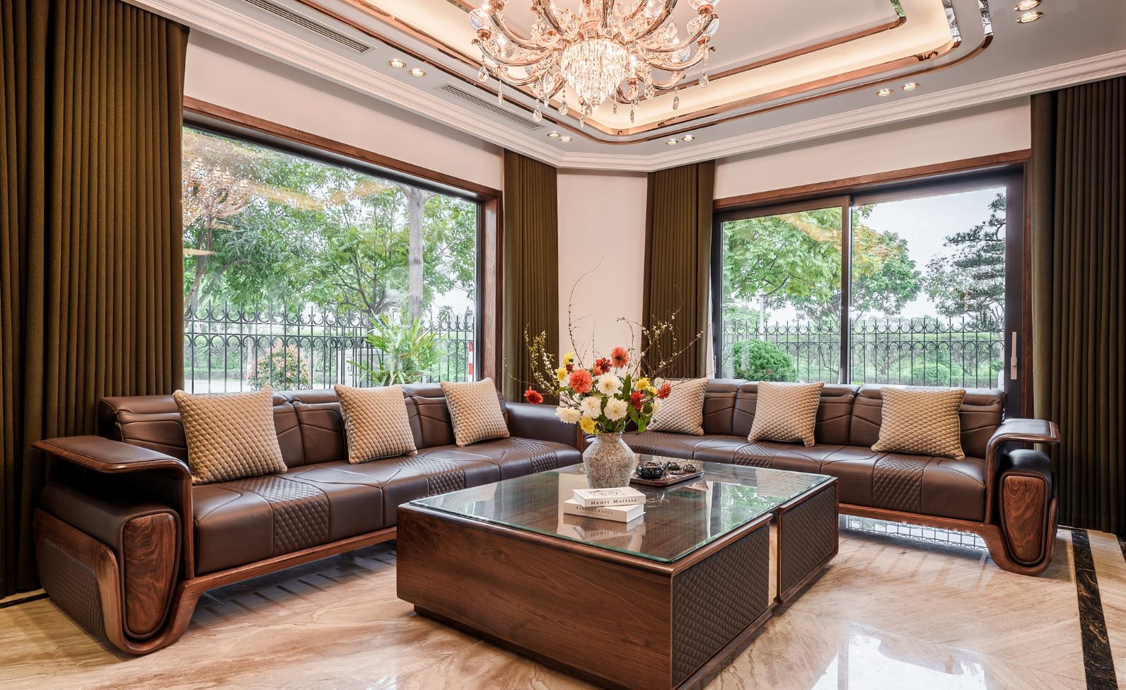 Thi công phòng khách nhà vườn cao cấp