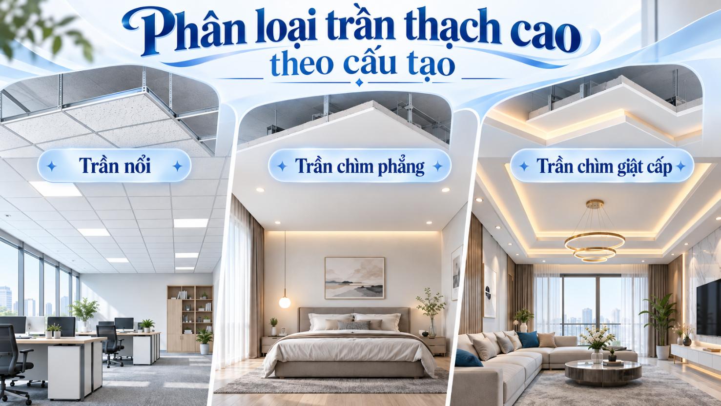 Phân loại trần thạch cao theo cấu tạo: Trần chìm, trần nổi và cách chọn phù hợp