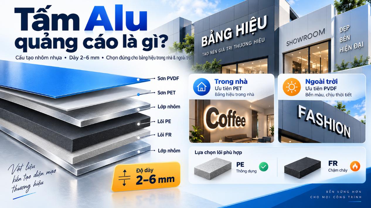 Tấm Alu quảng cáo là gì? Cấu tạo, phân loại, độ dày và cách chọn phù hợp