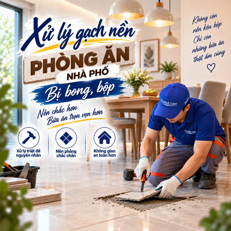 Xử lý gạch nền phòng ăn nhà phố bị bong, bộp