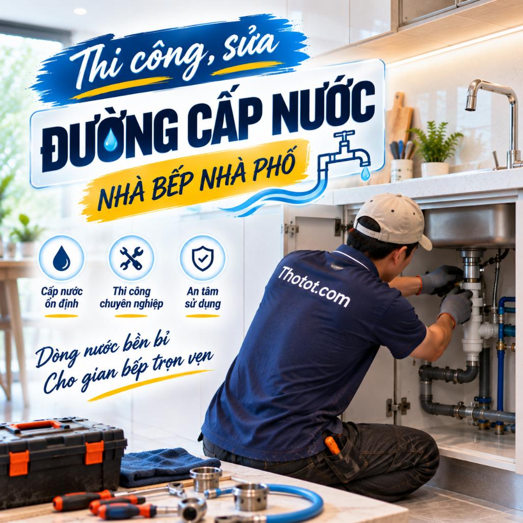 Thi công, sửa đường cấp nước nhà bếp nhà phố