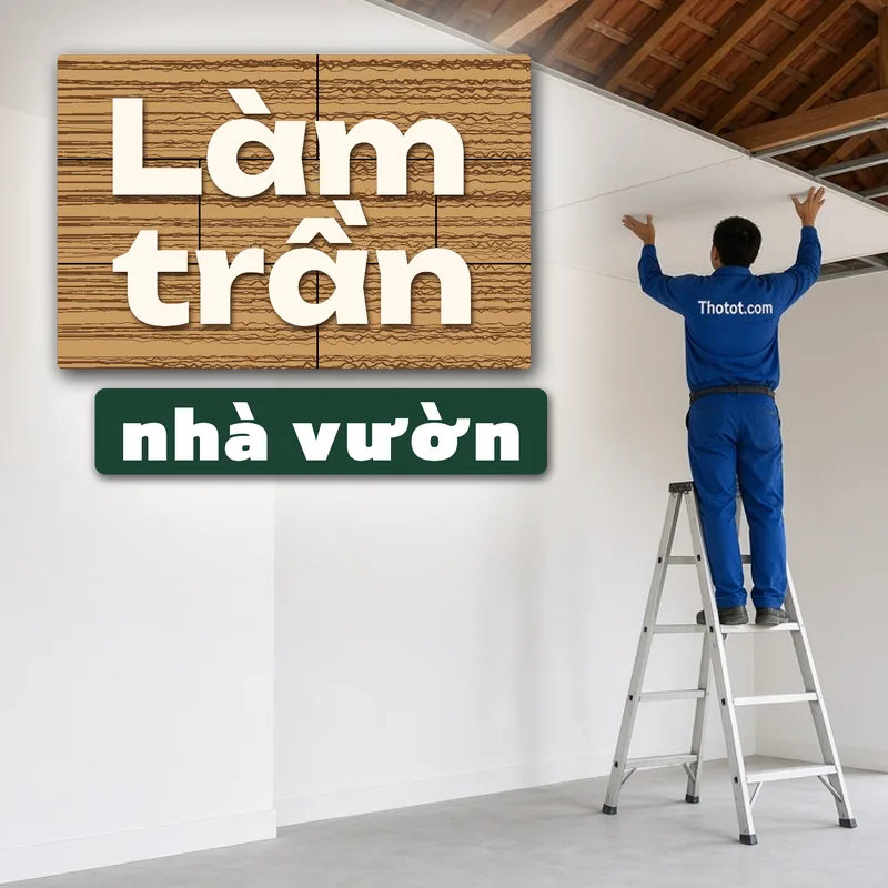 Làm trần gỗ, trần thạch cao phòng khách nhà vườn
