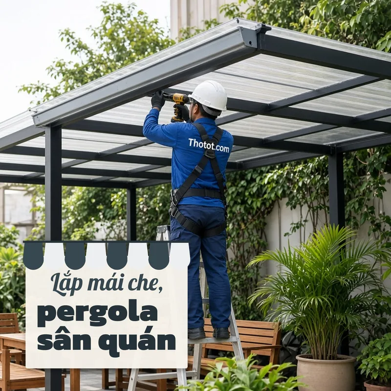 Lắp mái che, pergola khu ngồi ngoài trời quán café