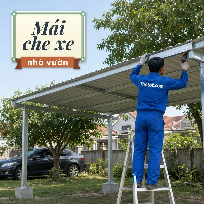 Làm mái che chỗ để xe nhà vườn