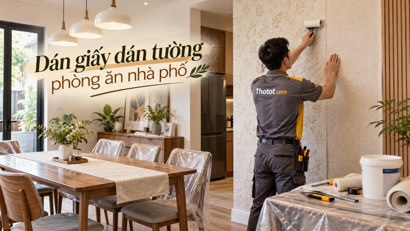 Dán giấy dán tường phòng ăn nhà phố