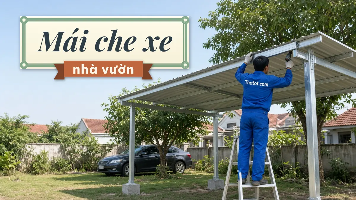 Làm mái che chỗ để xe nhà vườn