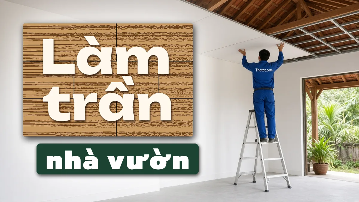 Làm trần gỗ, trần thạch cao phòng khách nhà vườn