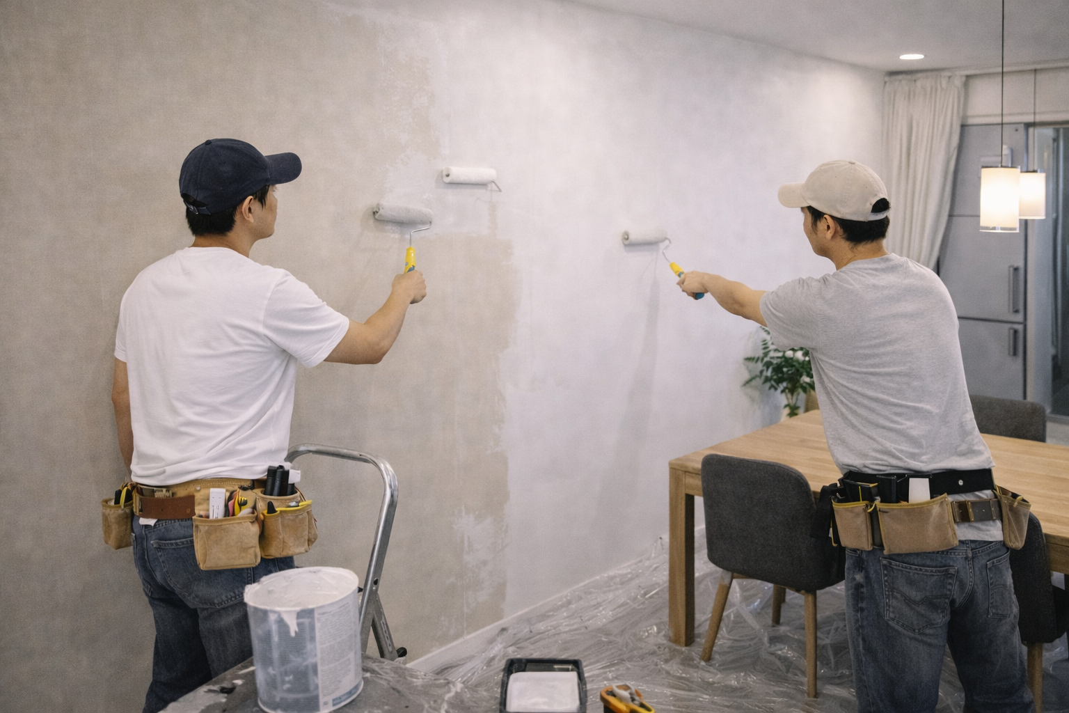 Thi công tường – sơn hoàn thiện phòng ăn